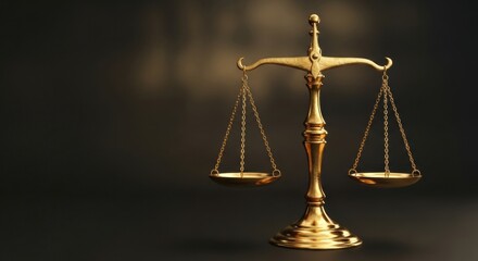 An antique-style brass or gold scale of justice on the left with copy space on the right, against a dark, moody background. A concept for historical law or legal tradition.