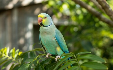 Vibrant Parrot Perched on Branch with Turquoise Feathers and Yellow Head