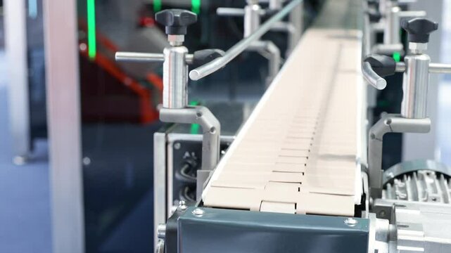 Empty conveyor belt system in a modern factory setting, representing halted production, supply chain disruption and industrial slowdown due to global economic challenges