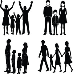 Vector art of silhouettes of families in various poses, isolated on white background