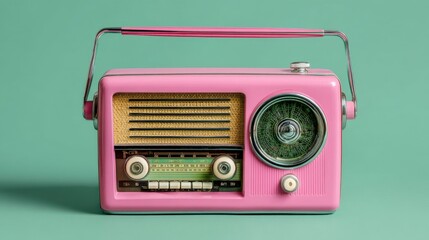 Pink retro radio with vintage design on a turquoise background