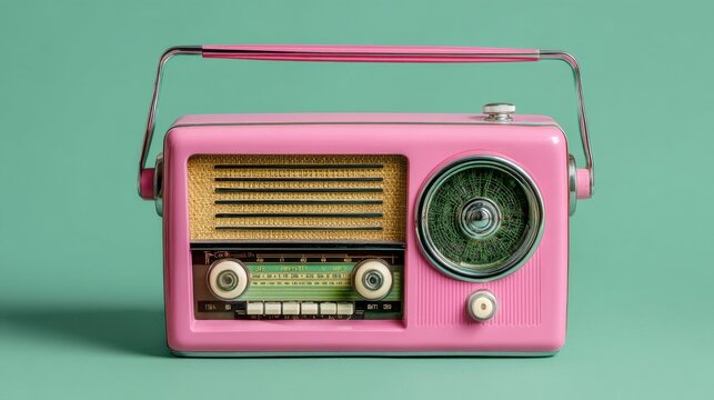 Pink retro radio with vintage design on a turquoise background