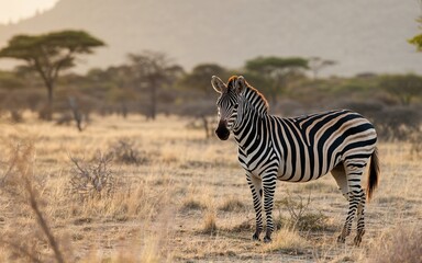 Fototapeta premium Striking Zebra Stands Proudly in African Savanna, Bathed in Golden Light