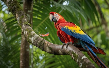 Obraz premium Scarlet Macaw Perched on Mossy Branch in Lush Rainforest