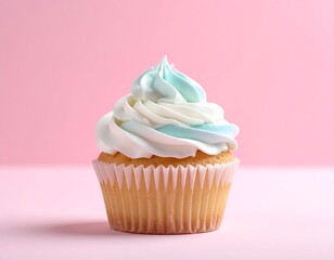 A single cupcake with swirled blue and white frosting against a pink background.
