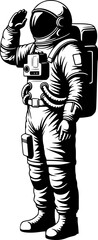 Black and white vector illustration astronaut standing and giving a formal salute