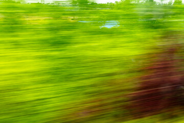 Dynamic motion blur view from high-speed train window: Green landscape, trees & fields rush past at high speed