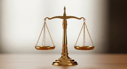 Weighing a case, symbolized by ornate golden scales of justice on a polished wooden desk in front of a bright, clean background.
