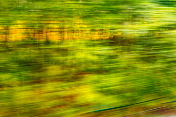 Dynamic motion blur view from high-speed train window: Green landscape, trees & fields rush past at...