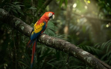 Obraz premium Scarlet Macaw Perched on a Mossy Branch in Lush, Sunlit Rainforest Habitat