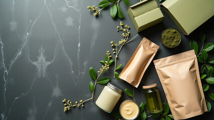 Flat Lay of Eco-Friendly Packaging with Green Leaves on Marble Background