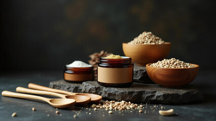 Handmade Cosmetic Products with Bamboo Spoons and Stone Texture – Top-Down Shot