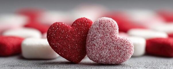 Obraz premium Cardio risk of sugar intake and plaque formation concept. Colorful heart-shaped candies symbolizing love and affection.