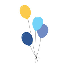 Bundle of balloons with strings, simple doodle outline, floating party decoration for birthday celebration. Flat vector illustration isolated on white background.