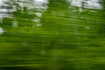 Dynamic motion blur view from high-speed train window: Green landscape, trees & fields rush past at...