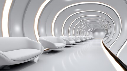 Obraz premium Sleek, modern waiting area with white chairs in a futuristic, curved hallway illuminated softly