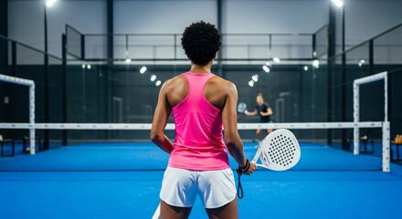 Black young woman tennis player with a padel racket training on an indoor court