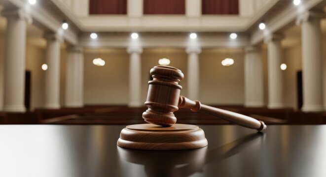A grand courthouse or public assembly hall, with a judge's gavel on a table in the foreground and a blurred background of columns and lights.