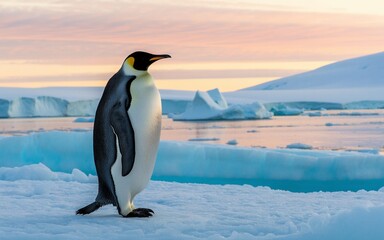 Fototapeta premium Majestic Emperor Penguin at Antarctic Sunset