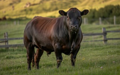 Majestic Angus Bull Stares Intently in a Lush Green Pasture Setting