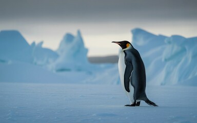Obraz premium Majestic Emperor Penguin Stands Alone on Icy Antarctic Landscape, Facing Away
