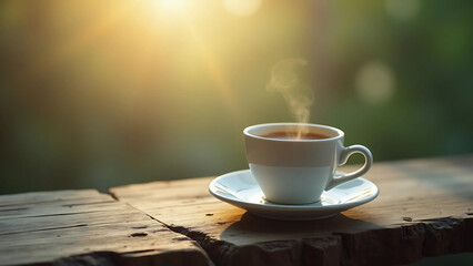 Cup of Espresso on Wooden Slab with Natural Morning Light