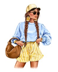 Hand drawn beautiful young woman in sunglasses. Stylish girl in cap. Fashion woman look. Pretty girl in shorts. Fashion Illustration.