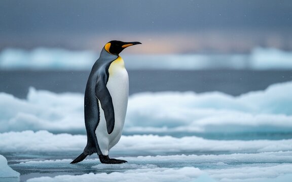 Solitary King Penguin Stands on Antarctic Ice Floe, Glimmer of Sunset