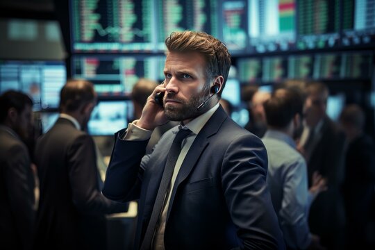 Stock trader talking on phone in busy trading floor with multiple screens displaying charts and data - Powered by Adobe
