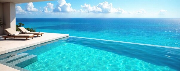 Obraz premium Infinity Pool Paradise Crystal Clear Water Meets Ocean Horizon. Luxurious Escape, Tranquil Scene, Unparalleled Views. Perfect for Relaxation and Escape.