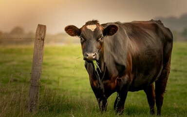 Brown Cow Grazing in a Lush Green Pasture with Rustic Wooden Fence