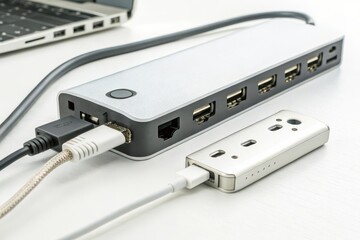 Laptop connected to a sleek silver usb c hub and external hard drive