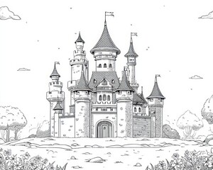 Obraz premium Castle Doodle. Magical Fairytale Kingdom Cartoon Illustration with Medieval Architecture