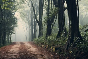 Fototapeta premium Dirt road going through a green forest with fog and tall trees