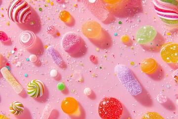 Colorful candy assortment on a pink background