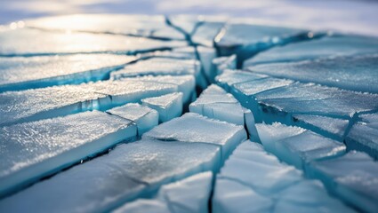 Close-up of Cracked Ice Surface with Blue Tones and Sparkling Texture