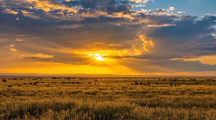 Golden Sunset Over Expansive Rural Field with Distant Hay Bales and Dramatic Sky