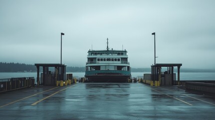 Ferry docked in gray weather