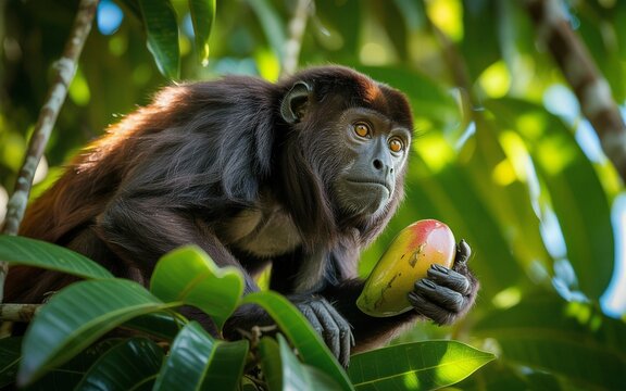 Howler Monkey Contemplates Mango, Perched Among Lush Green Leaves in Natural Habitat