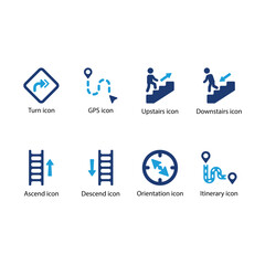 Turn, GPS, Upstairs, Downstairs, Ascend, Descend, Orientation, Itinerary icon