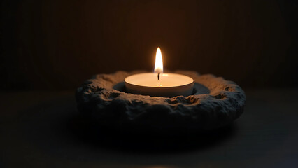 Tealight Candle in Dark Stone Holder with Soft Ambient Glow