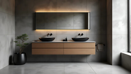 Modern Minimalist Bathroom Set with Matte Black and Wooden Accessories on Gray Stone Slab
