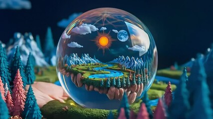A miniature, idyllic world with mountains, a river, and forests is encapsulated in a glass sphere, representing a fragile, self-contained ecosystem