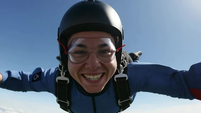 Excited skydiver free falling through clear skies in high altitude extreme sport jump
