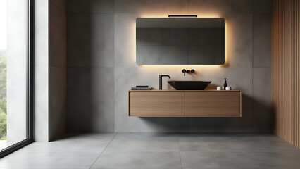 Modern Minimalist Bathroom Set with Matte Black and Wooden Accessories on Gray Stone Slab