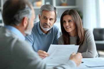 Couple Discussing Mortgage Loan Documents at a Desk in a Bright Office Setting