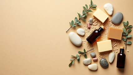 Symmetrical Layout of Natural Stones, Soap Bars, and Spa Items on Sand-Colored Background