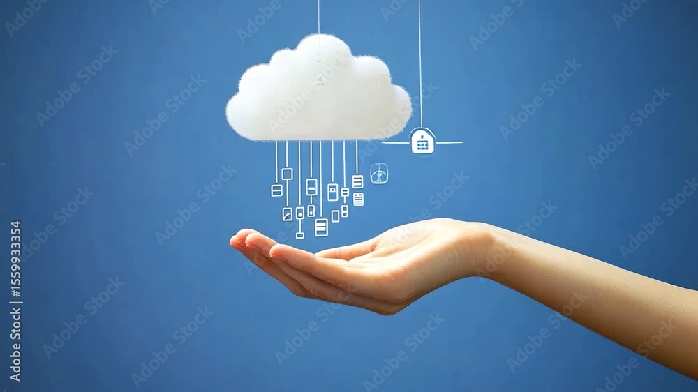 Poster hand holding a cloud with data transfer