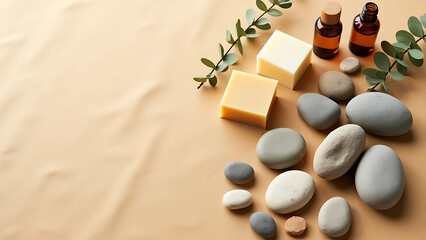 Symmetrical Layout of Natural Stones, Soap Bars, and Spa Items on Sand-Colored Background