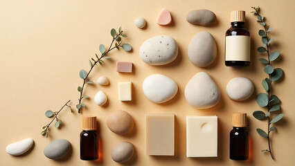 Symmetrical Layout of Natural Stones, Soap Bars, and Spa Items on Sand-Colored Background